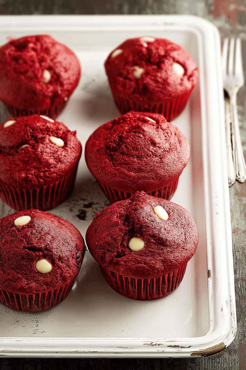 A close-up of vibrant red velvet muffins with white chocolate chips, displayed on a rustic white tray against a dark background.