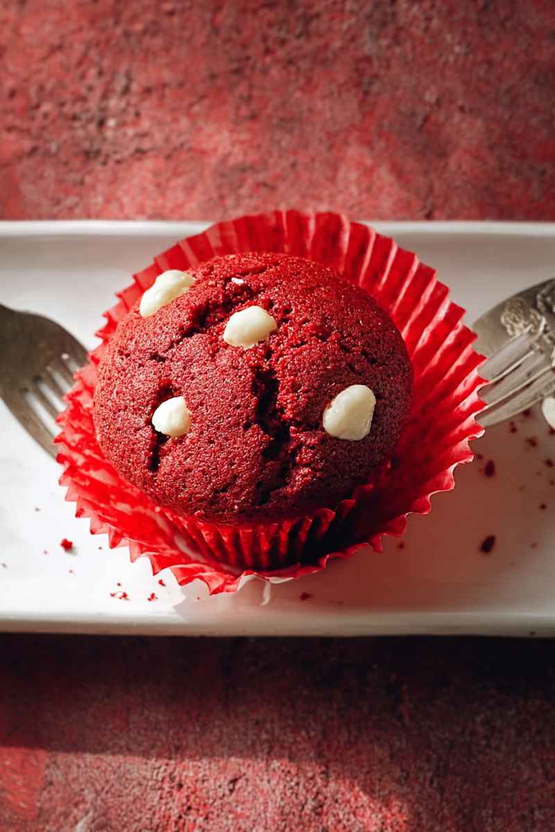 A close-up of a vibrant red velvet muffin topped with white chocolate chips, nestled in a red paper liner on a white plate.