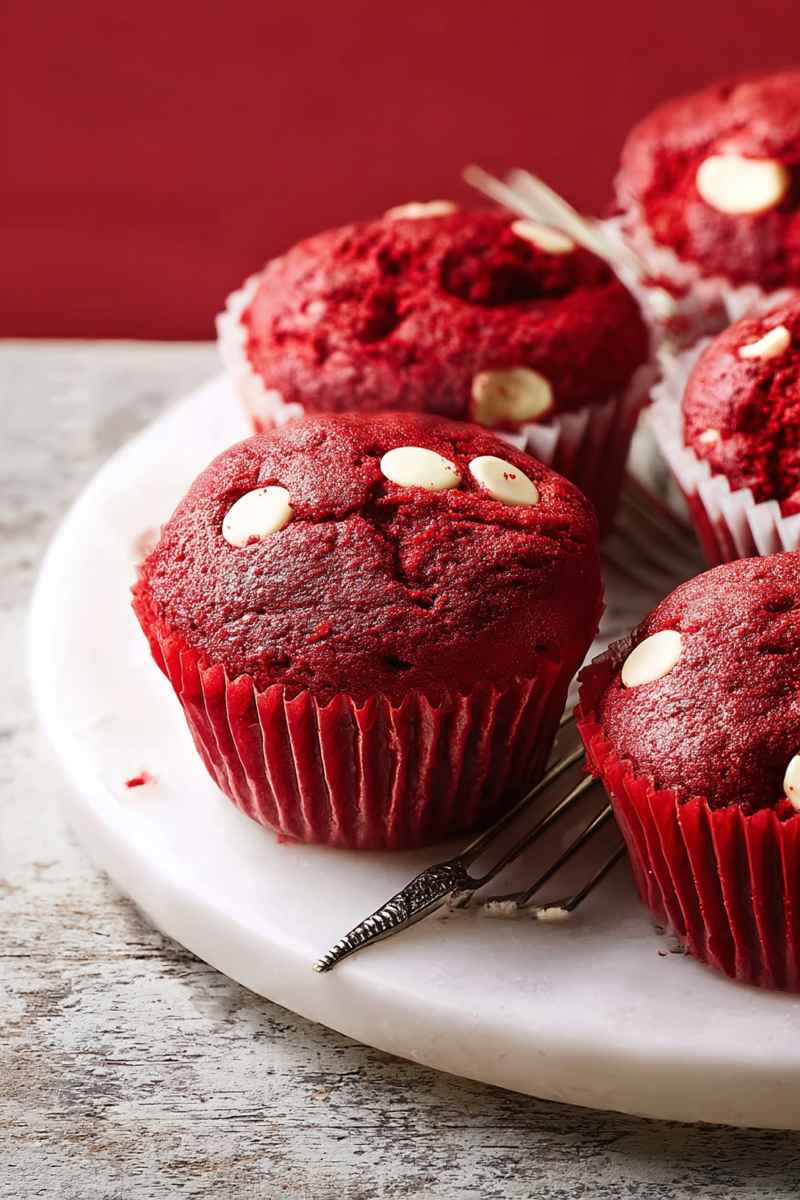 A plate of glossy red velvet muffins with white chocolate chips, arranged neatly on a white surface against a bold red background.
