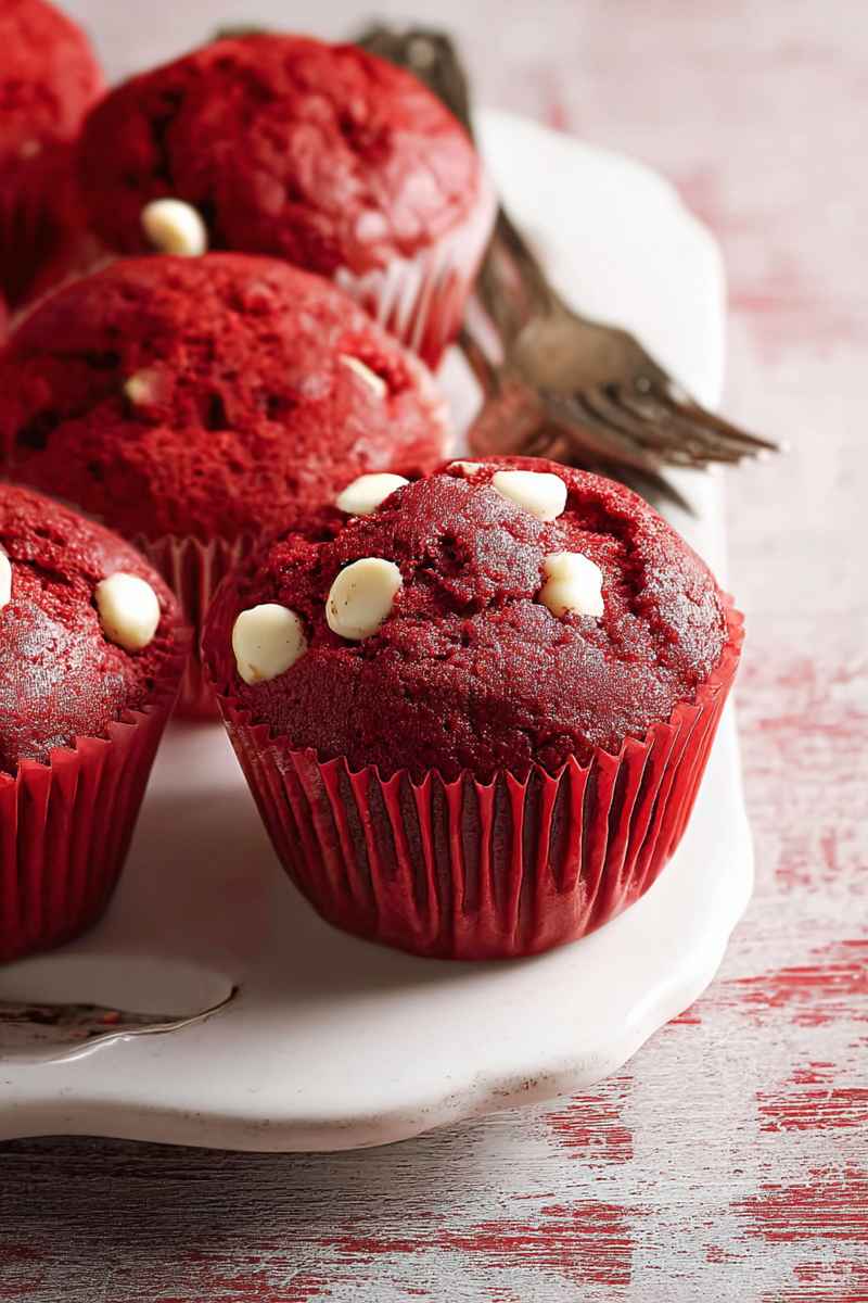 A cluster of red velvet muffins with white chocolate chips, displayed on a white plate with a rustic fork nearby.