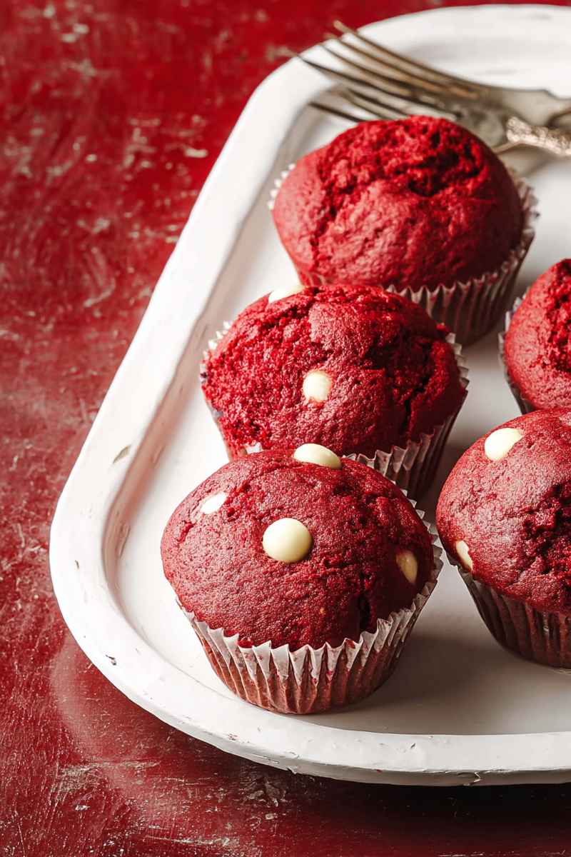 A row of red velvet muffins with white chocolate chips, presented on a white plate with a vintage fork resting beside them.
