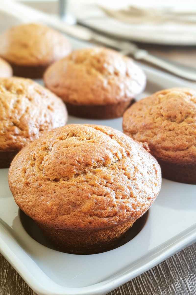 A plate of golden-brown Sour Cream Applesauce Muffins, dusted lightly with sugar, showcasing their soft texture and inviting appearance.