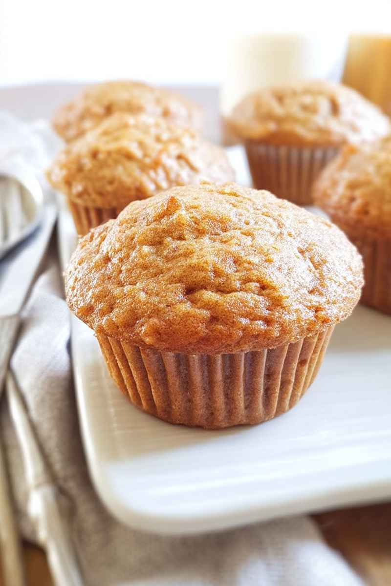 A plate of golden-brown Sour Cream Applesauce Muffins, dusted with sugar, placed on a rustic table setting, evoking warmth and homeliness.