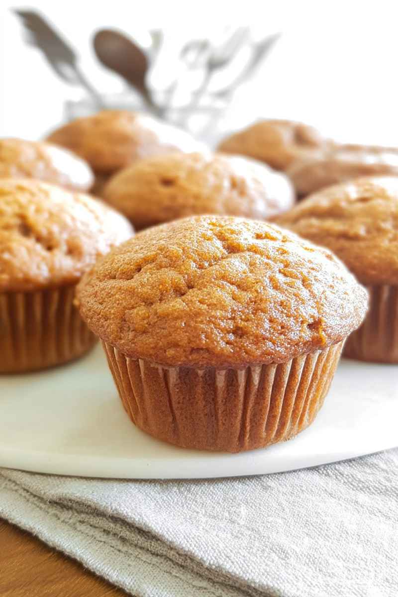 A close-up of golden-brown Sour Cream Applesauce Muffins on a white plate, showcasing their inviting texture and warm, spiced appeal.