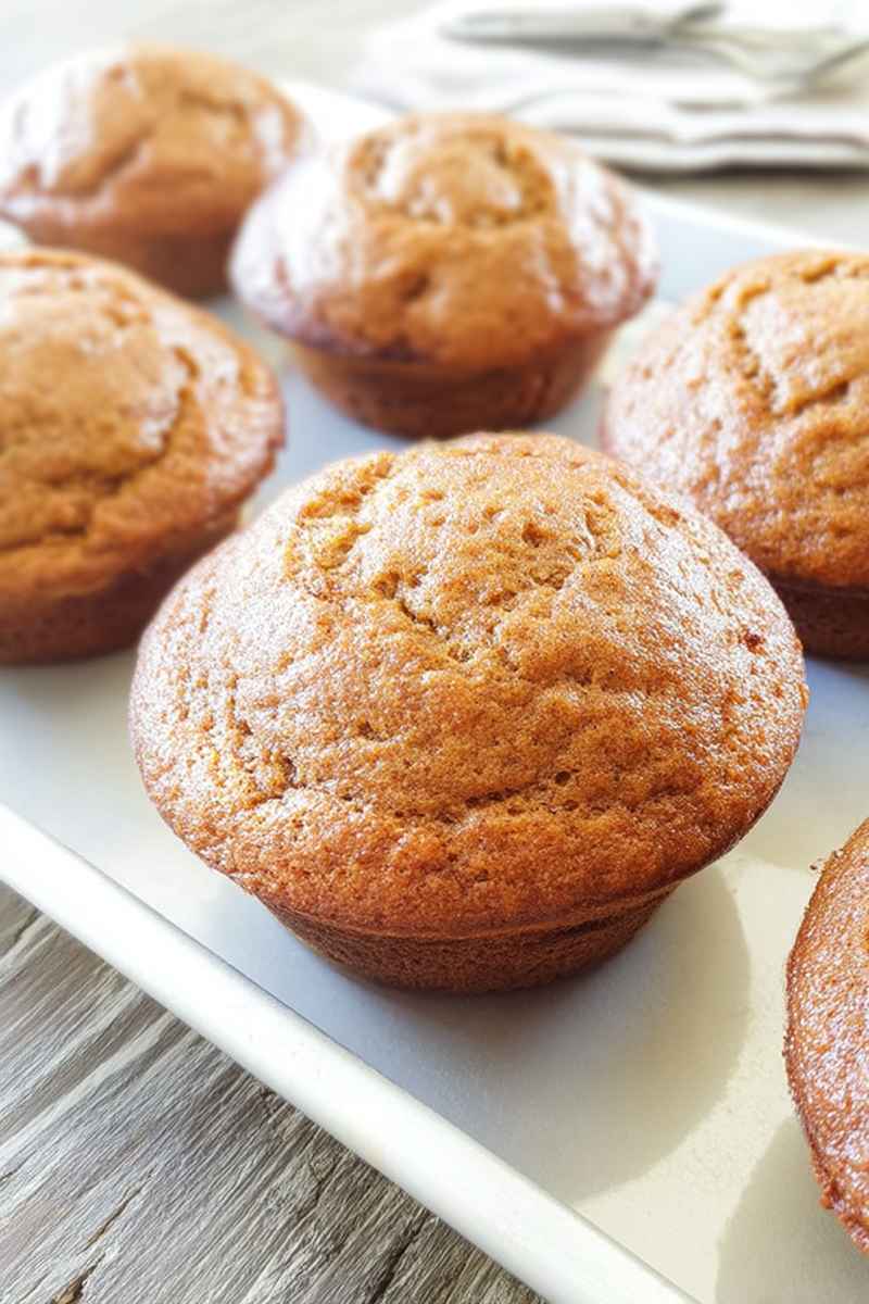 Golden-brown Sour Cream Applesauce Muffins arranged on a white plate, highlighting their soft, fluffy texture and warm spice appeal.