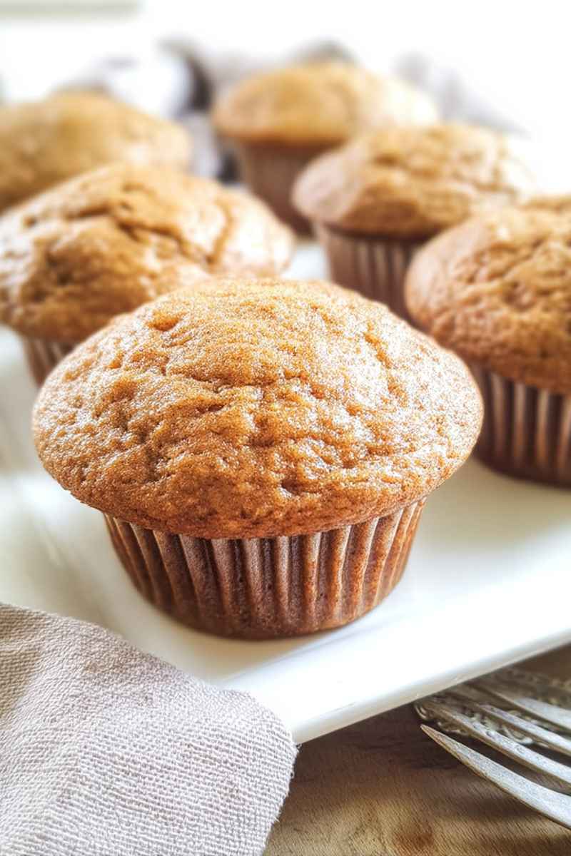 A close-up of golden-brown Sour Cream Applesauce Muffins on a white plate, emphasizing their soft texture and warm, inviting appearance.
