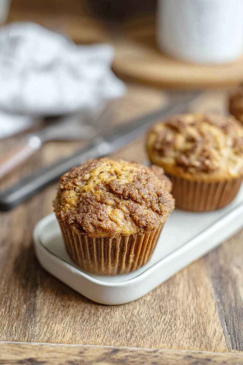 Golden-brown sourdough banana muffins topped with a crispy oat crumble, served on a white plate.