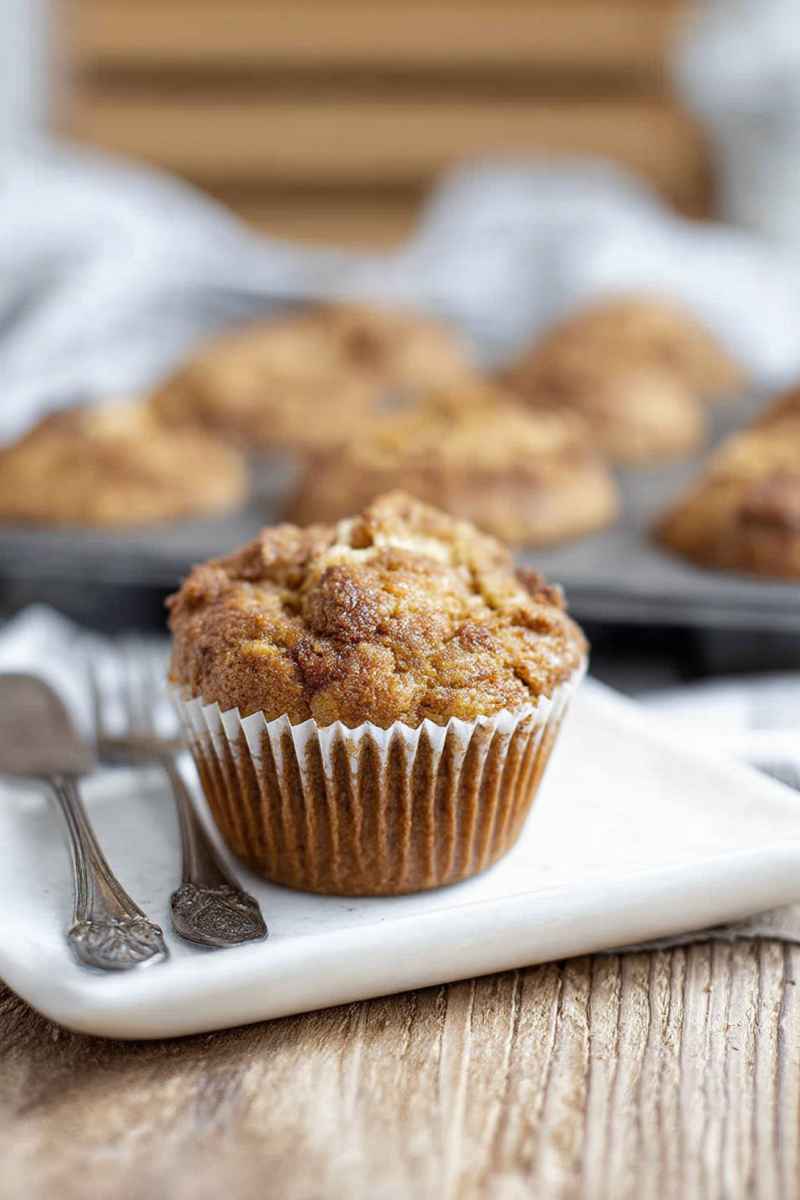 A close-up of a single sourdough banana muffin with a golden crust and oat crumble topping, placed on a white plate.
