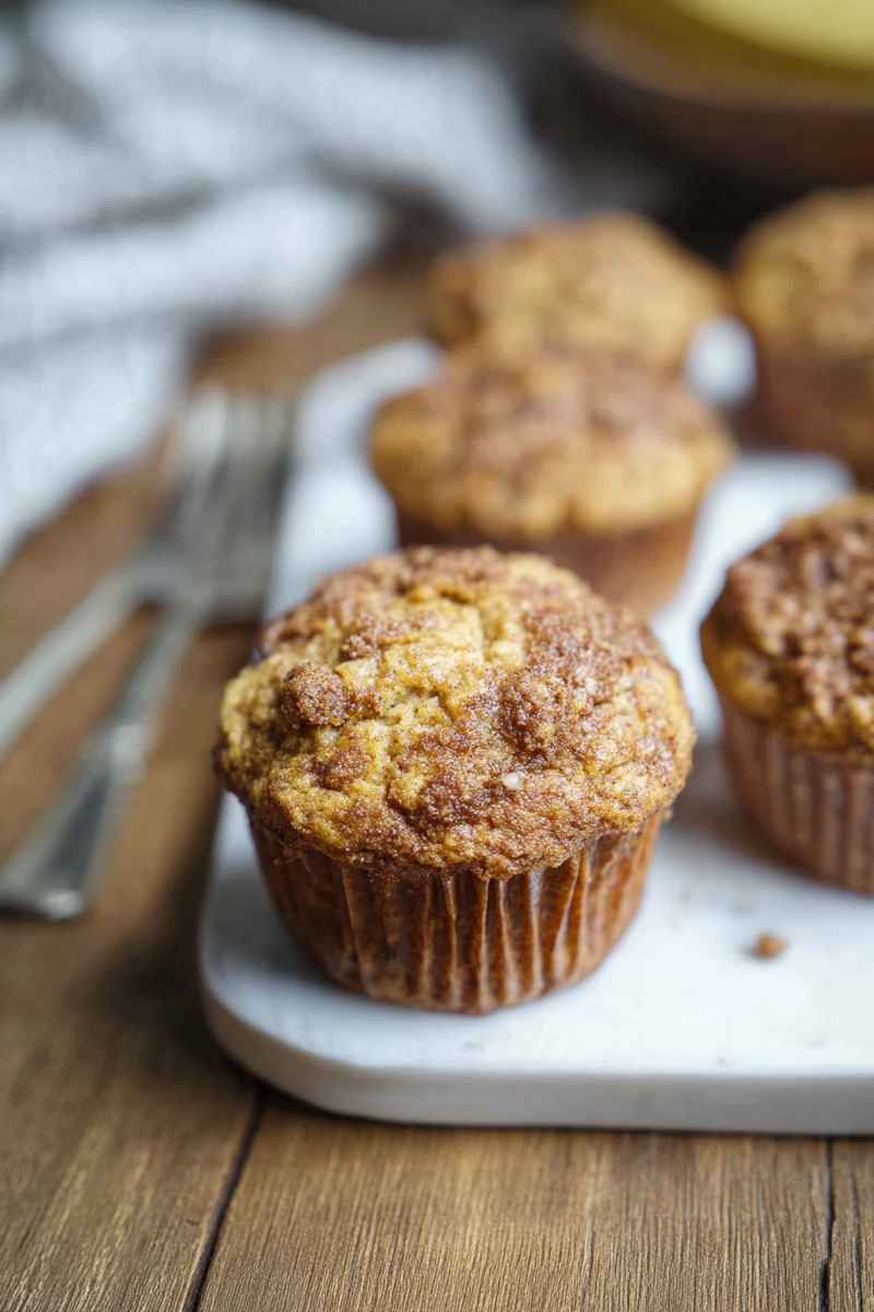 A close-up of golden sourdough banana muffins with a crunchy oat topping, arranged on a white plate.