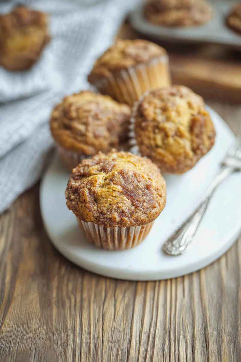 A cluster of golden sourdough banana muffins with a sprinkle of cinnamon sugar, displayed on a white plate.