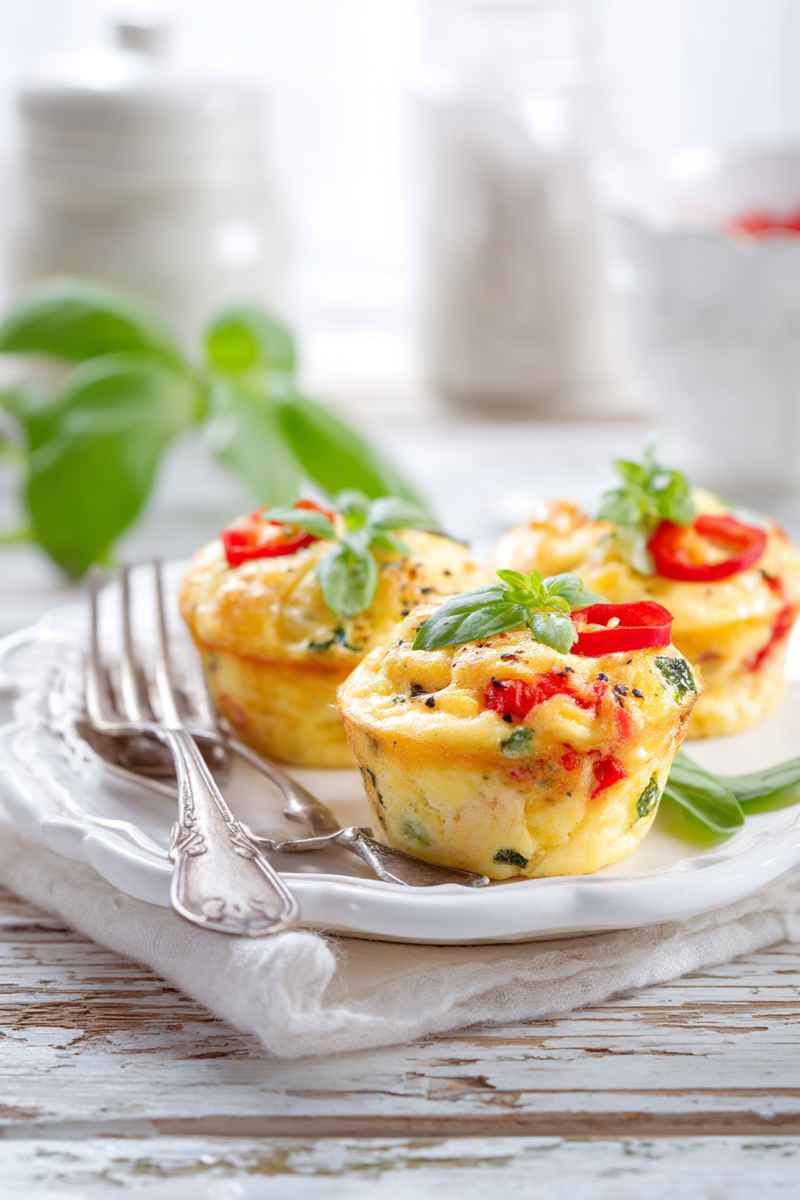 Golden egg muffins garnished with fresh herbs and red bell pepper slices, served on a white plate with a rustic wooden background.