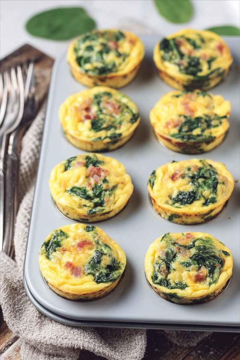A close-up view of egg muffins in a baking tray, featuring swirls of spinach and bacon, ready to be enjoyed as a wholesome breakfast.