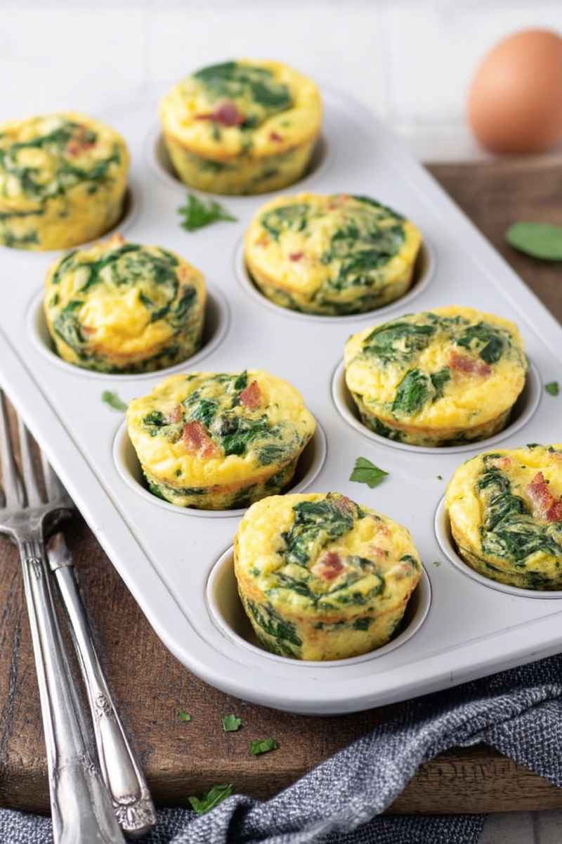 A tray of golden-brown egg muffins filled with vibrant green spinach and specks of red bacon, showcasing a hearty and healthy breakfast option.