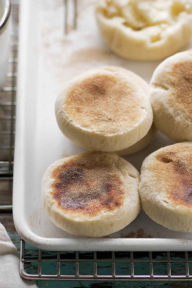 A close-up of golden-brown sourdough English muffins on a white tray, showcasing their inviting texture and color.