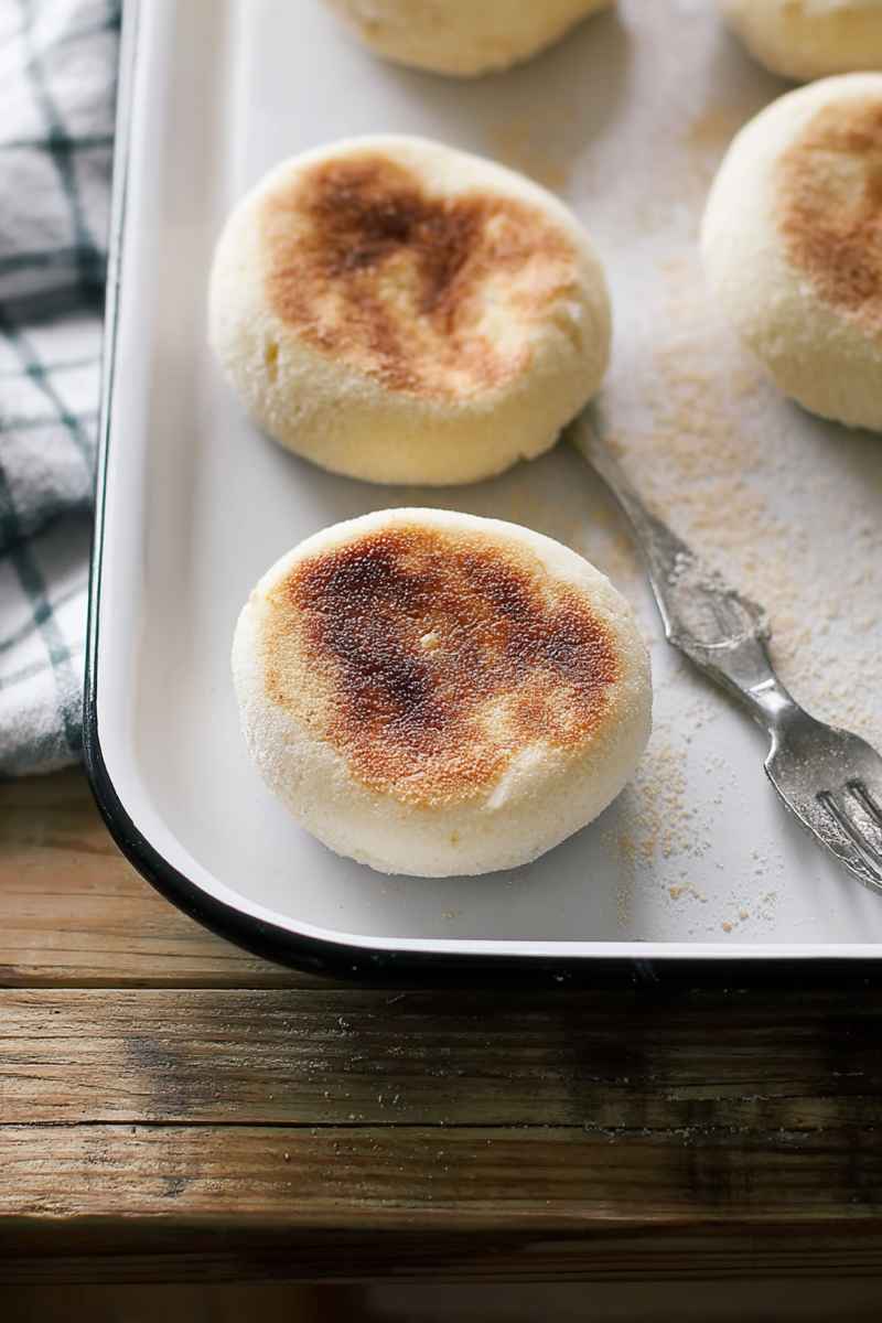 A rustic setup featuring sourdough English muffins on a white tray, accompanied by a fork and a striped napkin, highlighting their homemade charm.