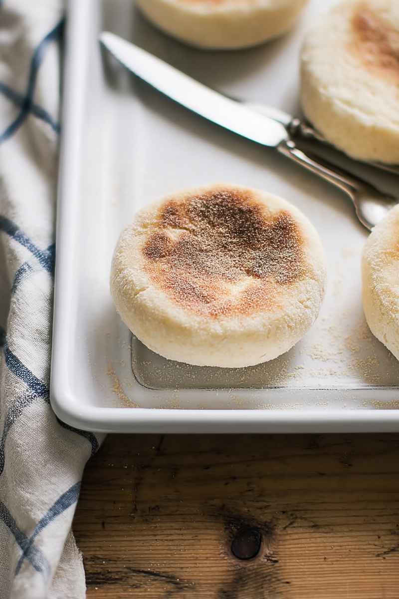 A tray of sourdough English muffins with a slightly charred top, placed on a wooden table with a striped napkin, emphasizing their homemade appeal.